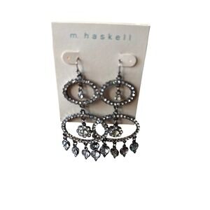M. Haskell Gunmetal Crystal Chandelier Drop Earrings Floral Tiered Statement